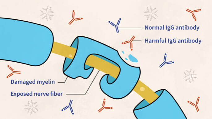 The harmful IgG antibody attacks the myelin and exposes the nerve.