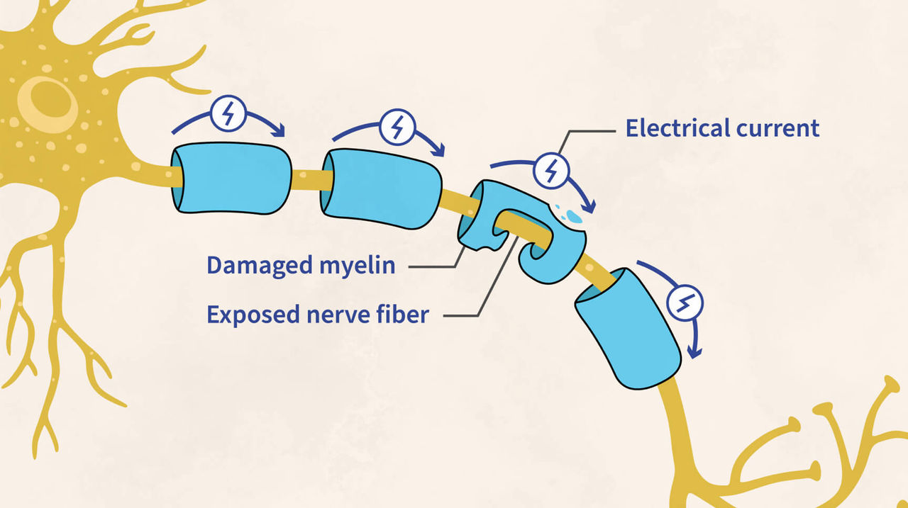The message that flows through the neuron with CIDP is slowed down or lost due to the damaged myelin.